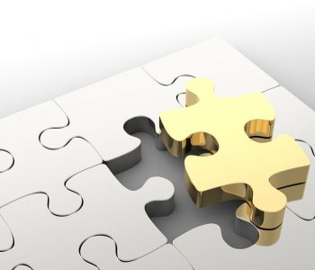 Last golden puzzle piece to complete a jigsaw. Concept of business solution, solving a problem. 3D illustration