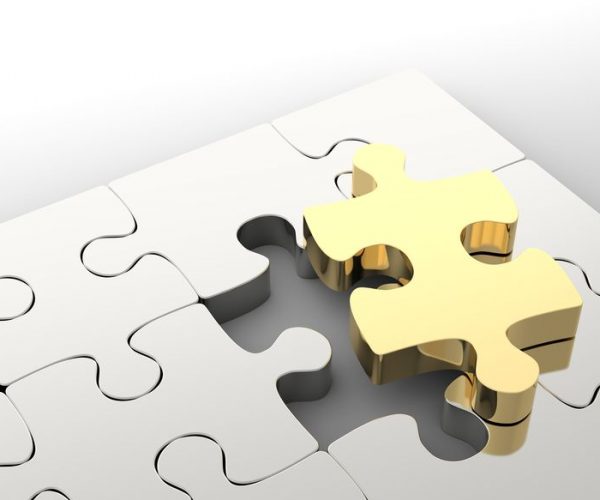 Last golden puzzle piece to complete a jigsaw. Concept of business solution, solving a problem. 3D illustration